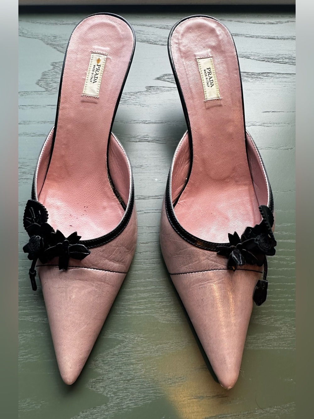 Prada Pink Pointed-Toe Slip-On Mules with Black Floral Trim